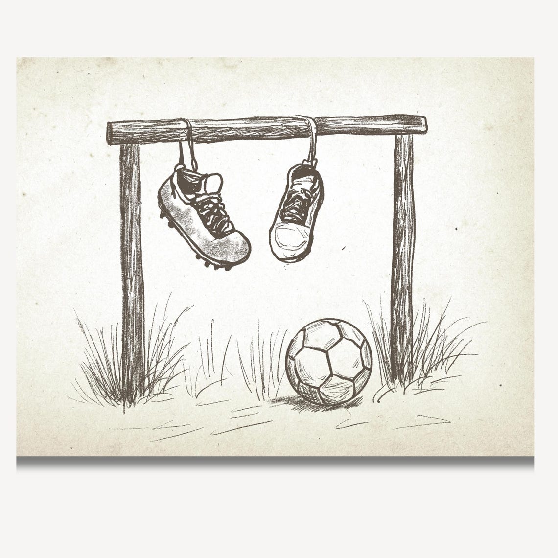 Soccer Cleats Hanging On Goalpost With Ball Vintage Sketch Poster - Image 2