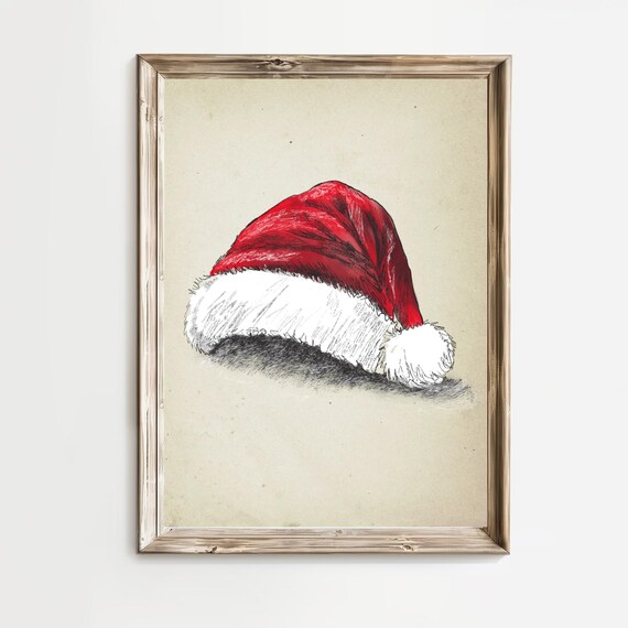Red Santa Hat Ink Sketch In Vintage Christmas Holiday Style Poster
