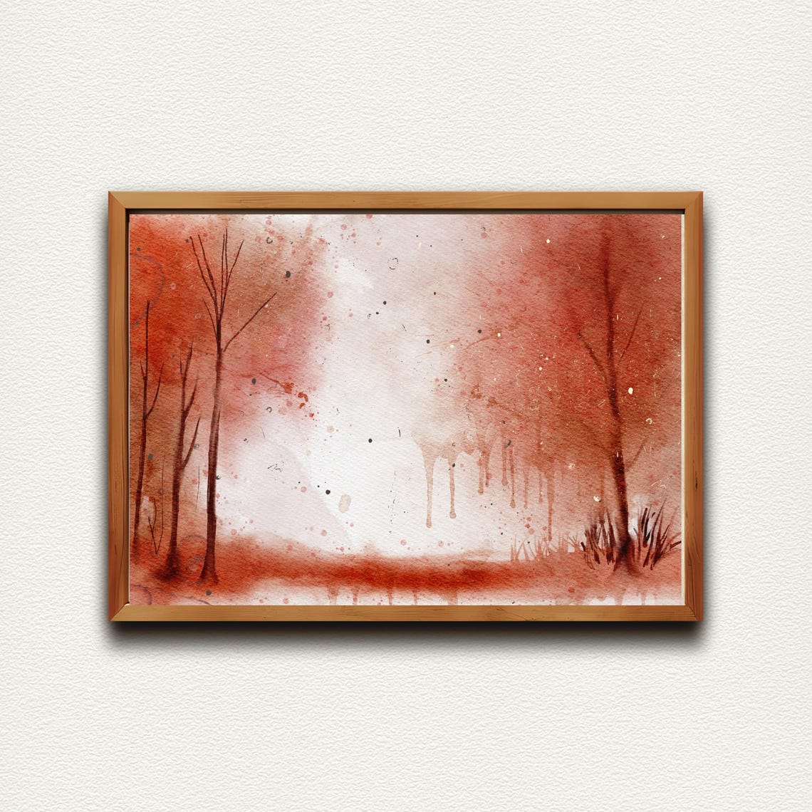 Red Autumn Forest Watercolor Bare Trees Misty Fall Landscape Poster - Image 4