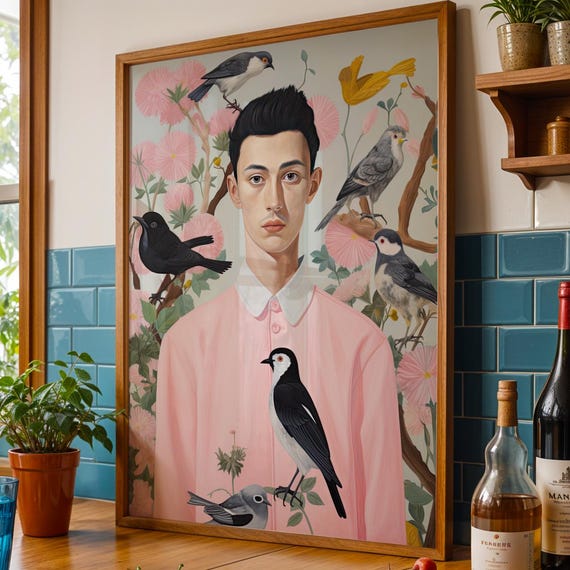 Surreal Portrait With Birds Print Man In Pink Shirt Botanical Art Whimsical Nature For Bedroom Or Gallery Wall