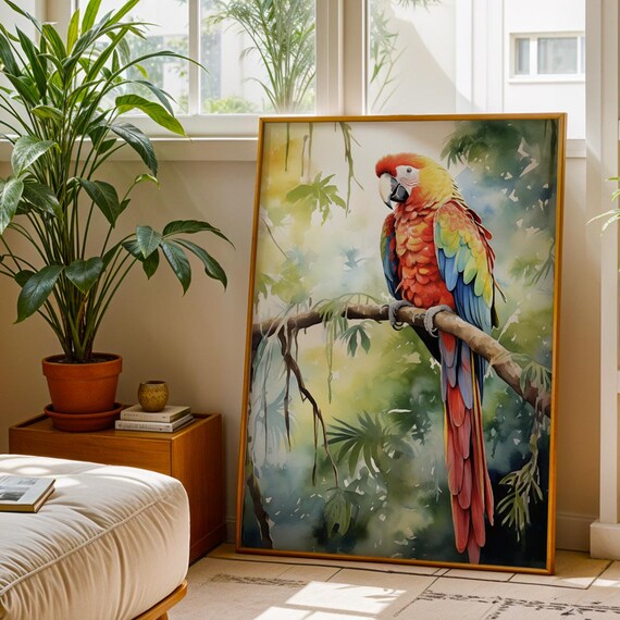 Tropical Bird Wall Poster Colorful Parrot In Jungle Illustration Print For Boho Decor Vibrant Art And Drawing