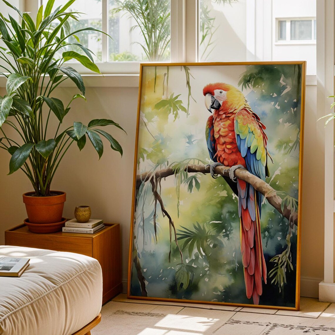 Tropical Bird Wall Poster Colorful Parrot In Jungle Illustration Print For Boho Decor Vibrant Art And Drawing
