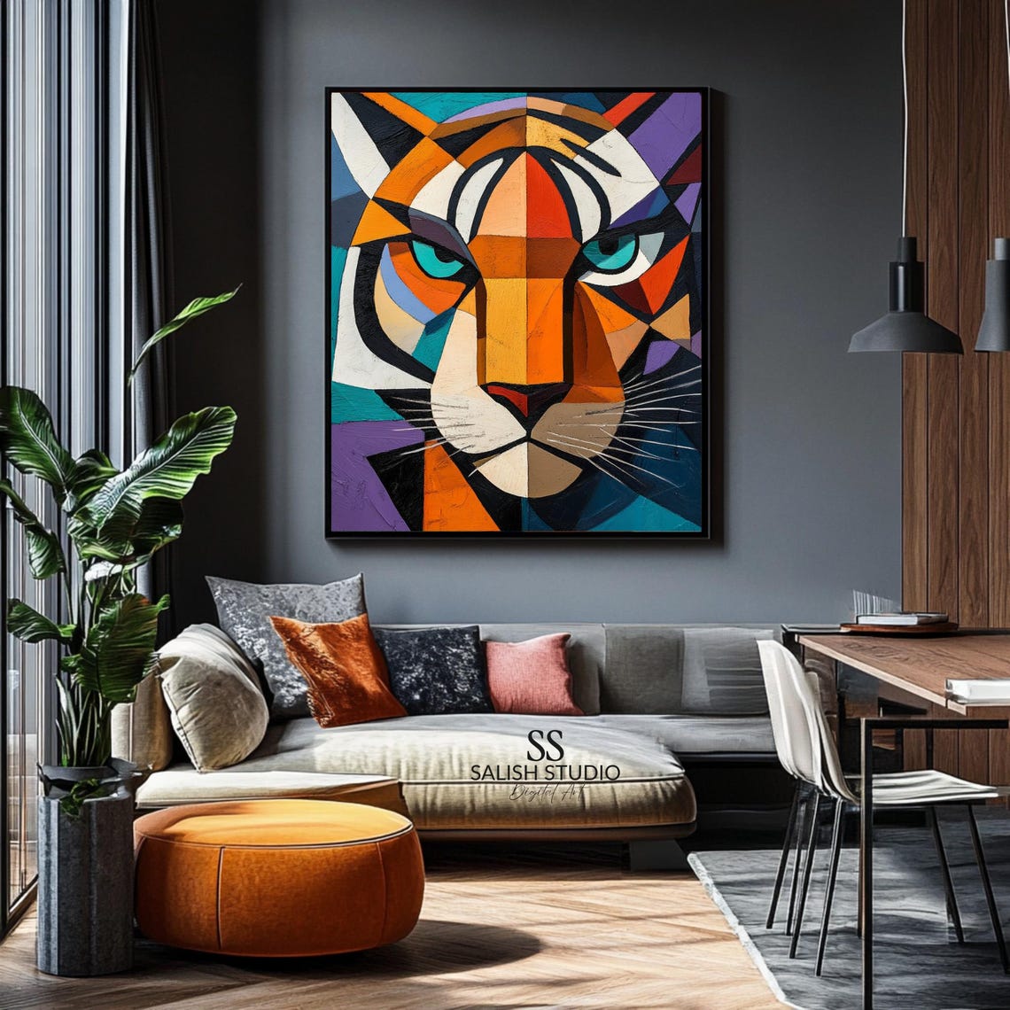 Bold Geometric Tiger Face Cubist Pop Art Modern Mosaic Style Poster