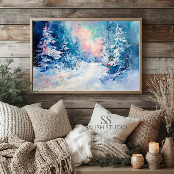 Snowy Forest Painting Winter Impressionistic Landscape Art