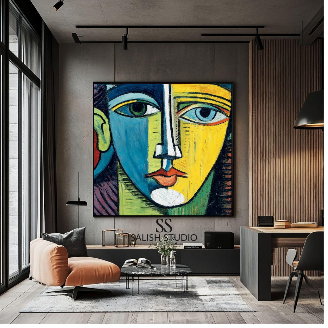 Cubist Face Blue Yellow Bold Color Abstract Modern Art Poster