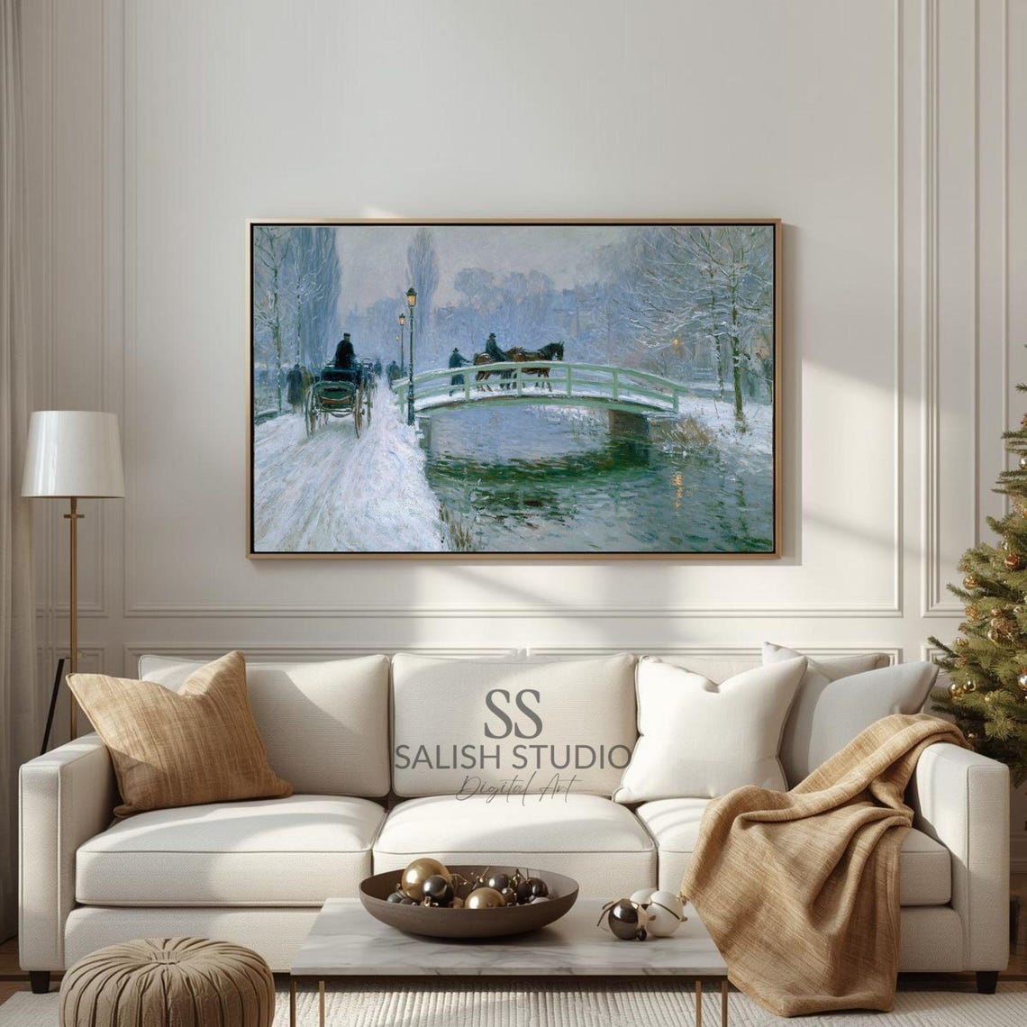 Winter Bridge Impressionist Poster Snowy Park River Carriage Scene