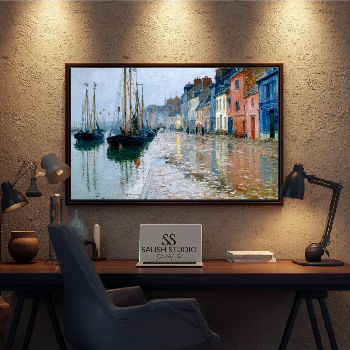 Rainy Harbor Street Impressionist Sailboats Colorful Buildings Quay Poster