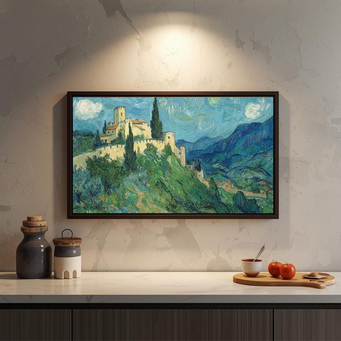 Hilltop Castle Starry Night Cypress Trees Vintage Landscape Poster