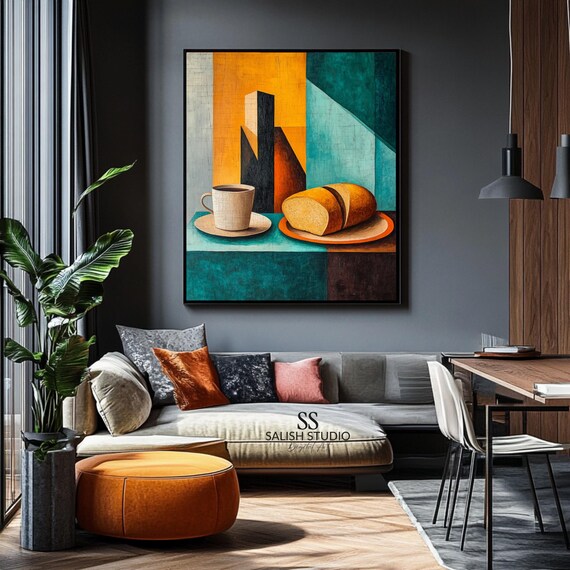 Moody Coffee And Bread Still Life Midcentury Modern Geometric Cubist Poster