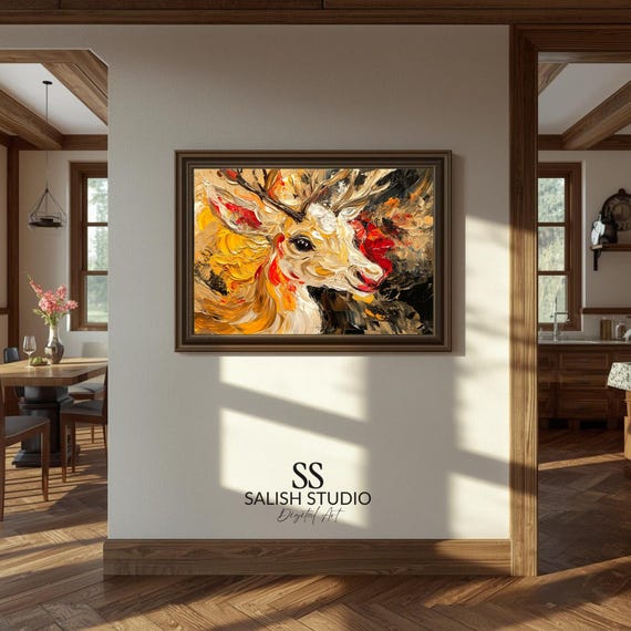 Golden Stag Deer Fiery Abstract Impasto Wildlife Painting Poster