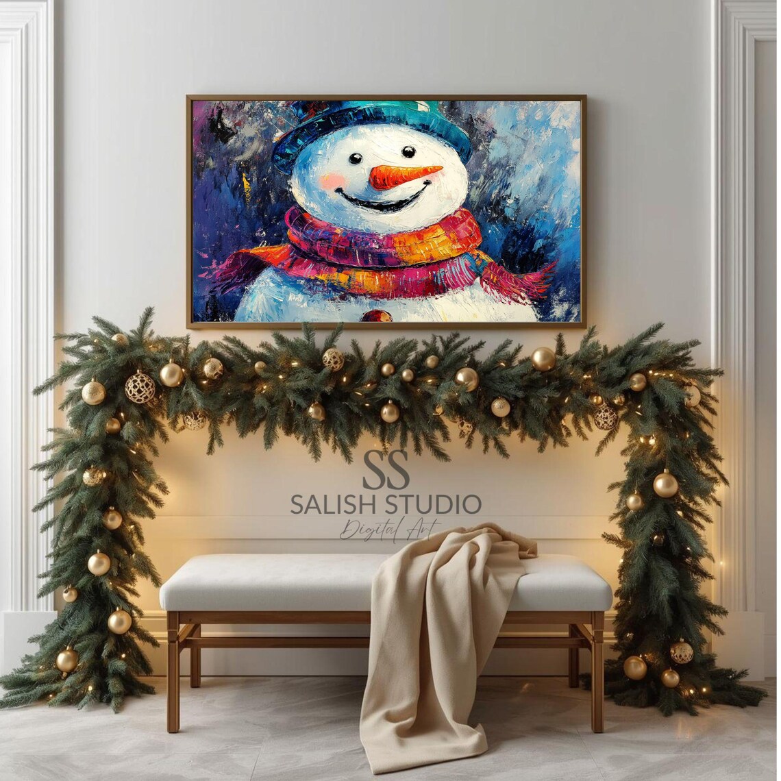 Cheery Happy Snowman Colorful Scarf Winter Oil Painting Poster