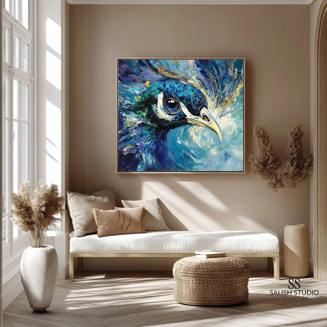 Blue Peacock Head Bold Abstract Impasto Texture Painting Poster