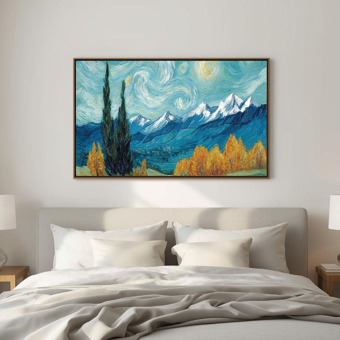 Snowcapped Mountain Peaks Golden Autumn Trees Alpine Art Poster
