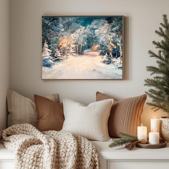 Winter Path In Snowy Forest Cozy Wall Art Glowing Lights On Frosted Landscape Moody Scene Festive 467