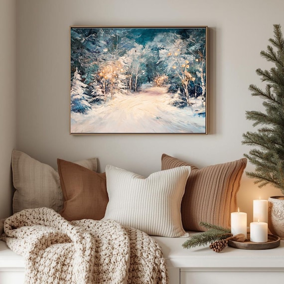 Winter Path In Snowy Forest Painting Glowing Lights Cozy Blue Poster