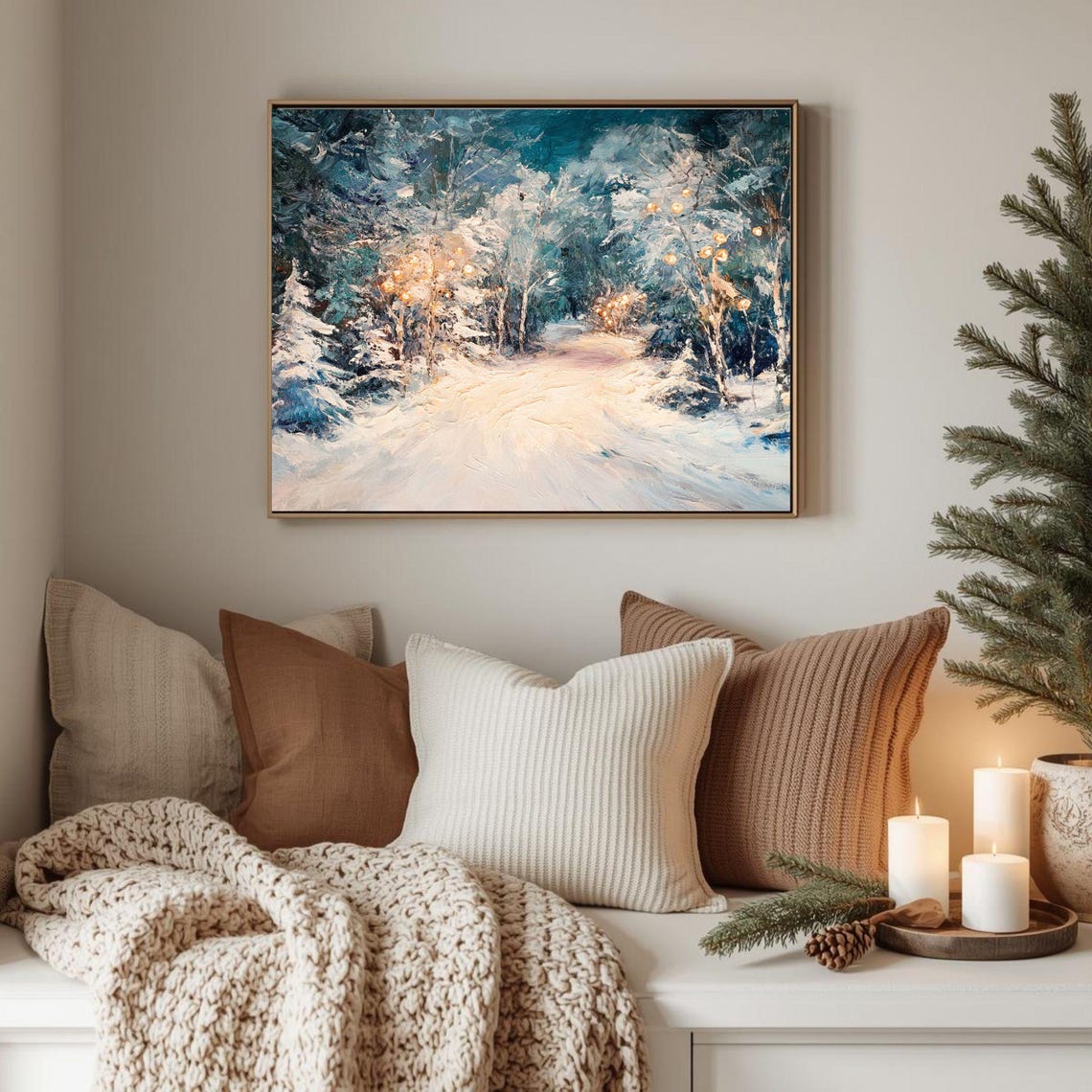 Winter Path In Snowy Forest Painting Glowing Lights Cozy Blue Poster
