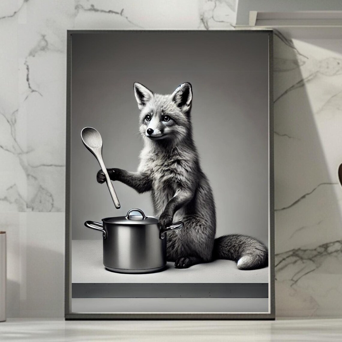 Fox Stirring a Pot with a Wooden Spoon Funny Kitchen Black and White Poster