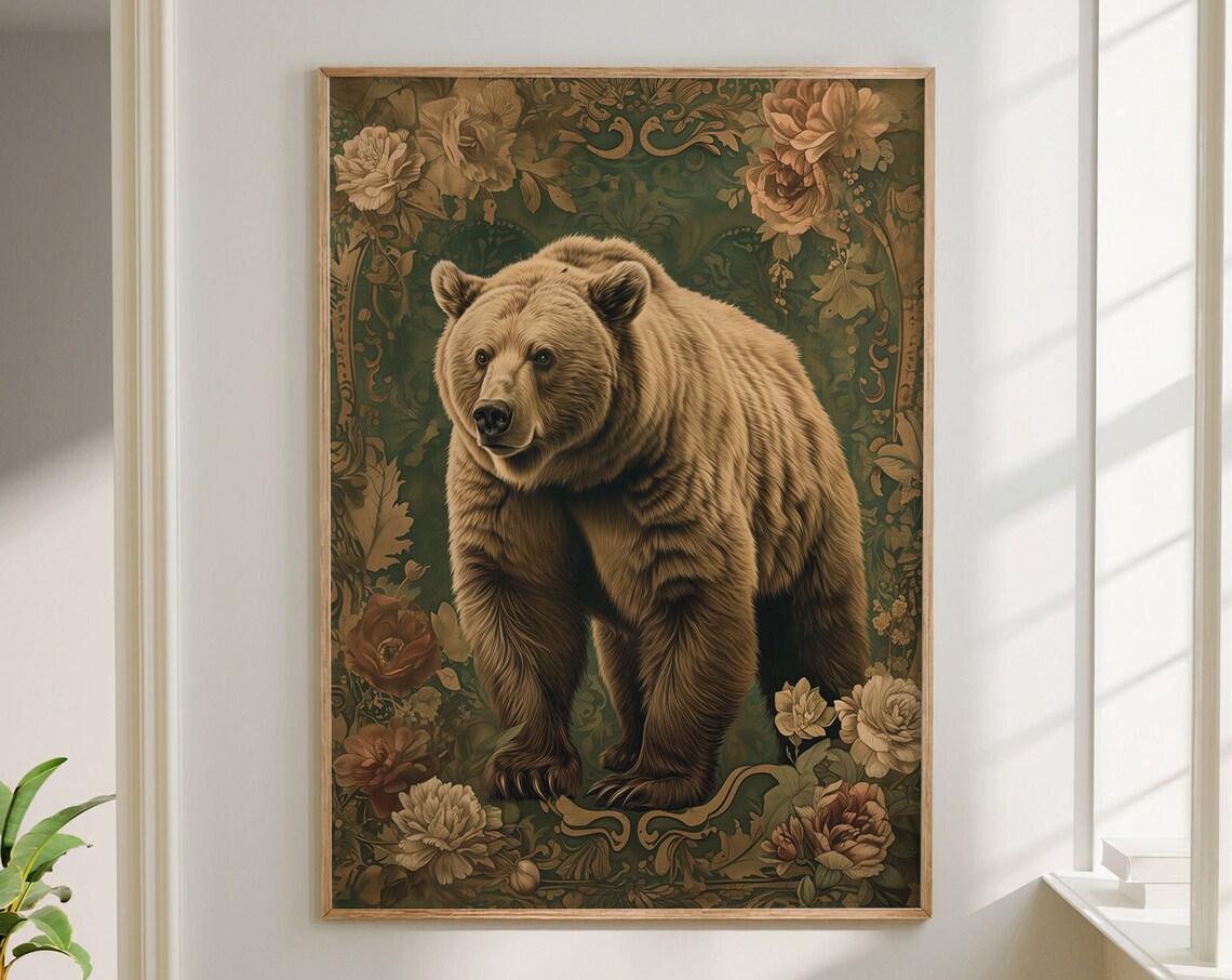 Brown Bear Standing Ornate Floral Vintage Woodland Art Poster