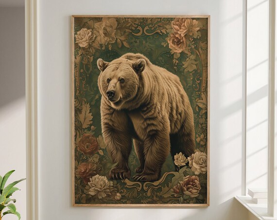 Brown Bear Standing Ornate Floral Vintage Woodland Art Poster