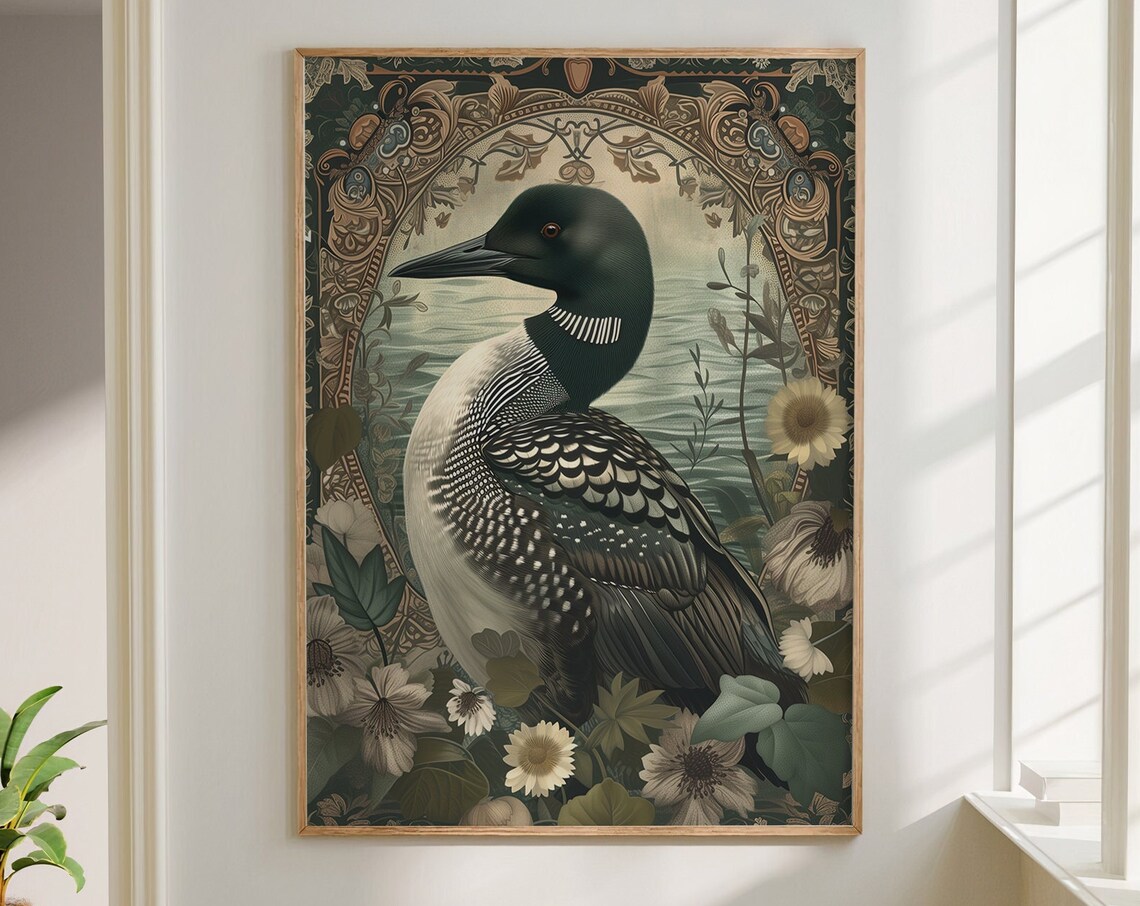 William Morris Inspired Loon Art Print, Cottagecore