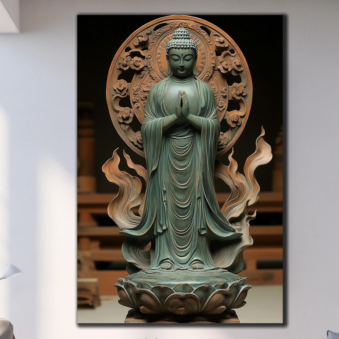 Standing Buddha Statue Praying Hands Bronze Zen Calm Wall Art Poster