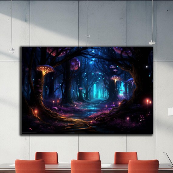 Fireflies Illuminate Forest Tempered Glass Wall Art Fantasy Neon Wall Decor Optical Illusion Artwork Psychedelic Glowing Forest Glass Art