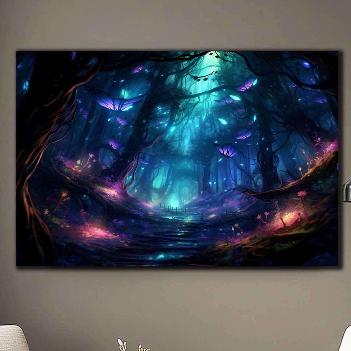 Fantasy Forest Glowing Purple Butterflies Neon Magic Night Wall Art