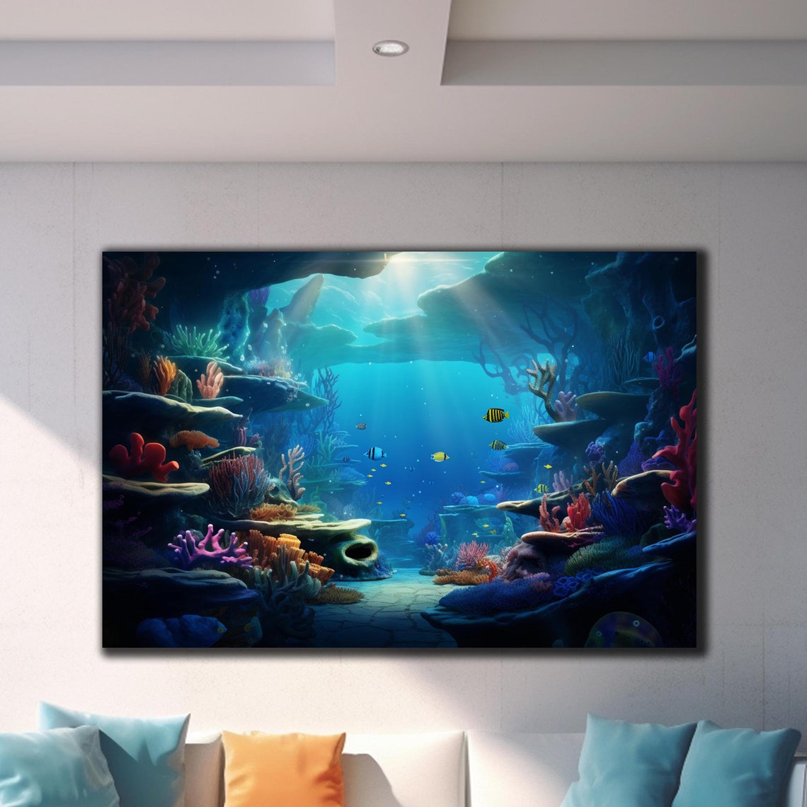Underwater Coral Grotto Crystal Blue Cavern Light Rays Art Poster