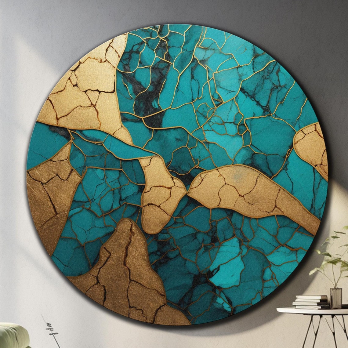 Turquoise Gold Kintsugi Crackle Abstract Geode Round Glass Wall Art