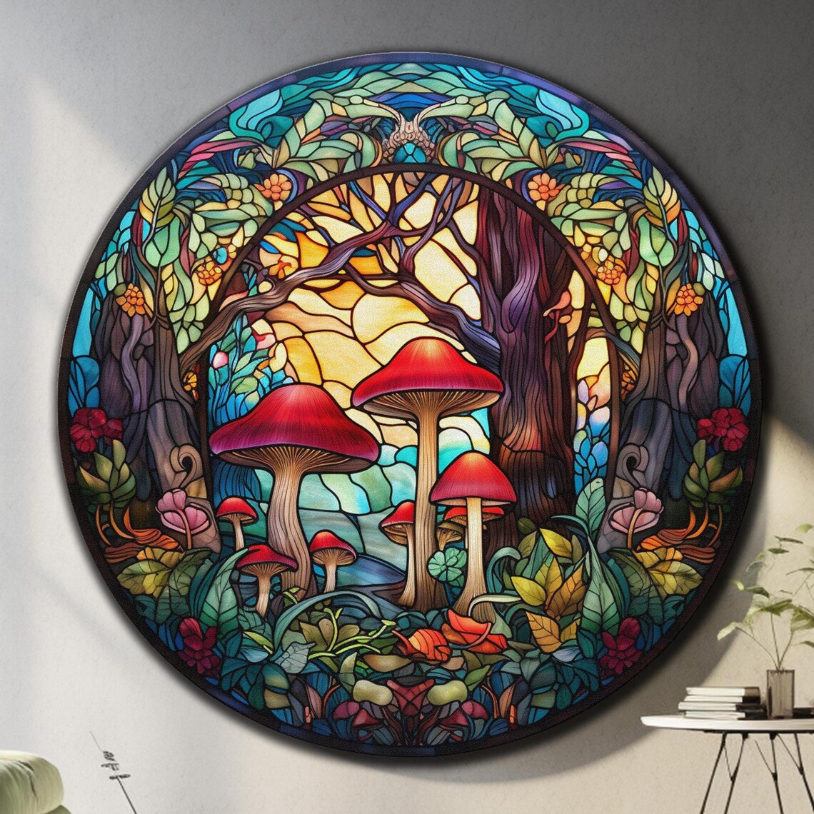 Stained Glass Mushrooms Forest Round Red Cap Nature Wall Art Poster