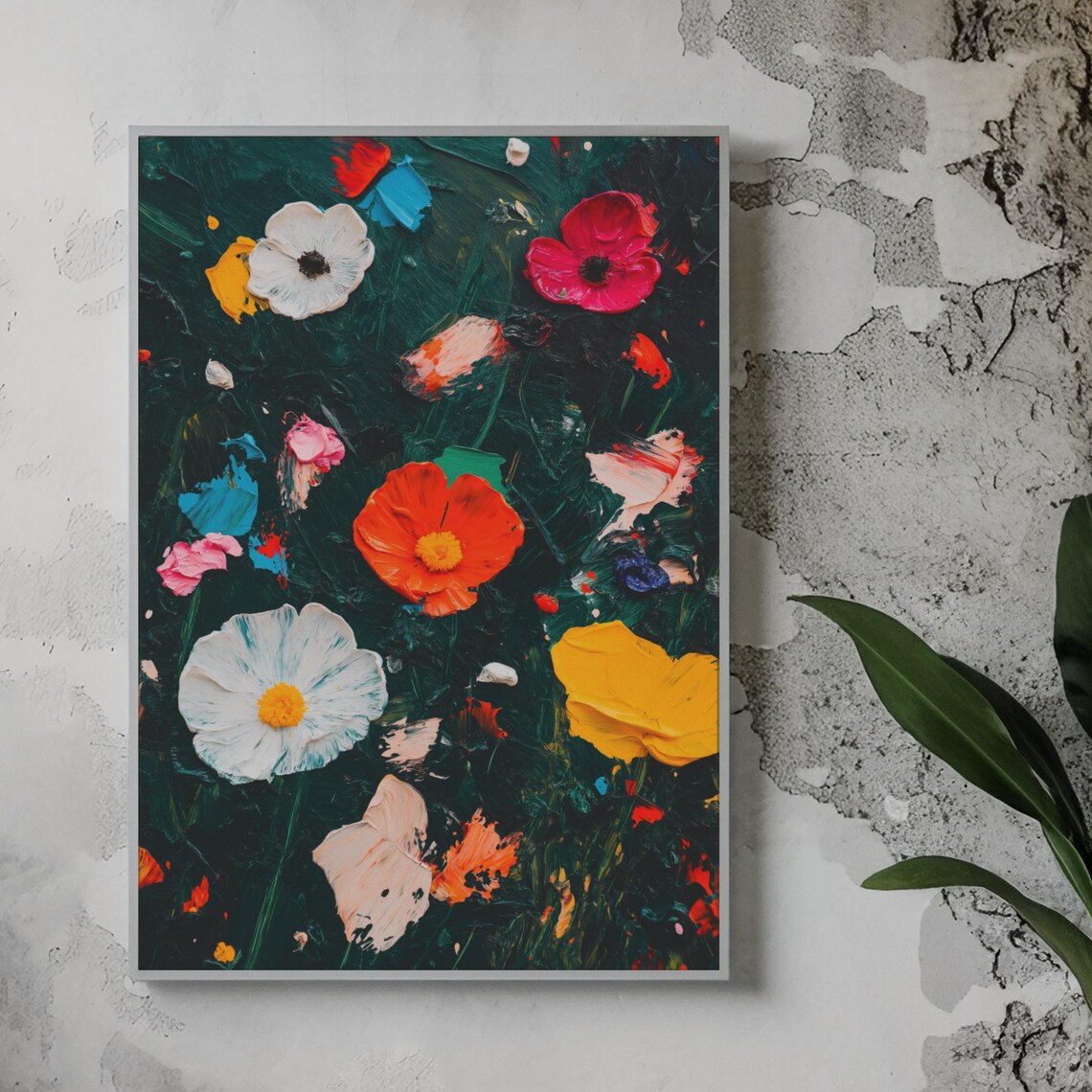 Bold Colorful Abstract Wildflowers On Dark Green Canvas Poster - Image 4