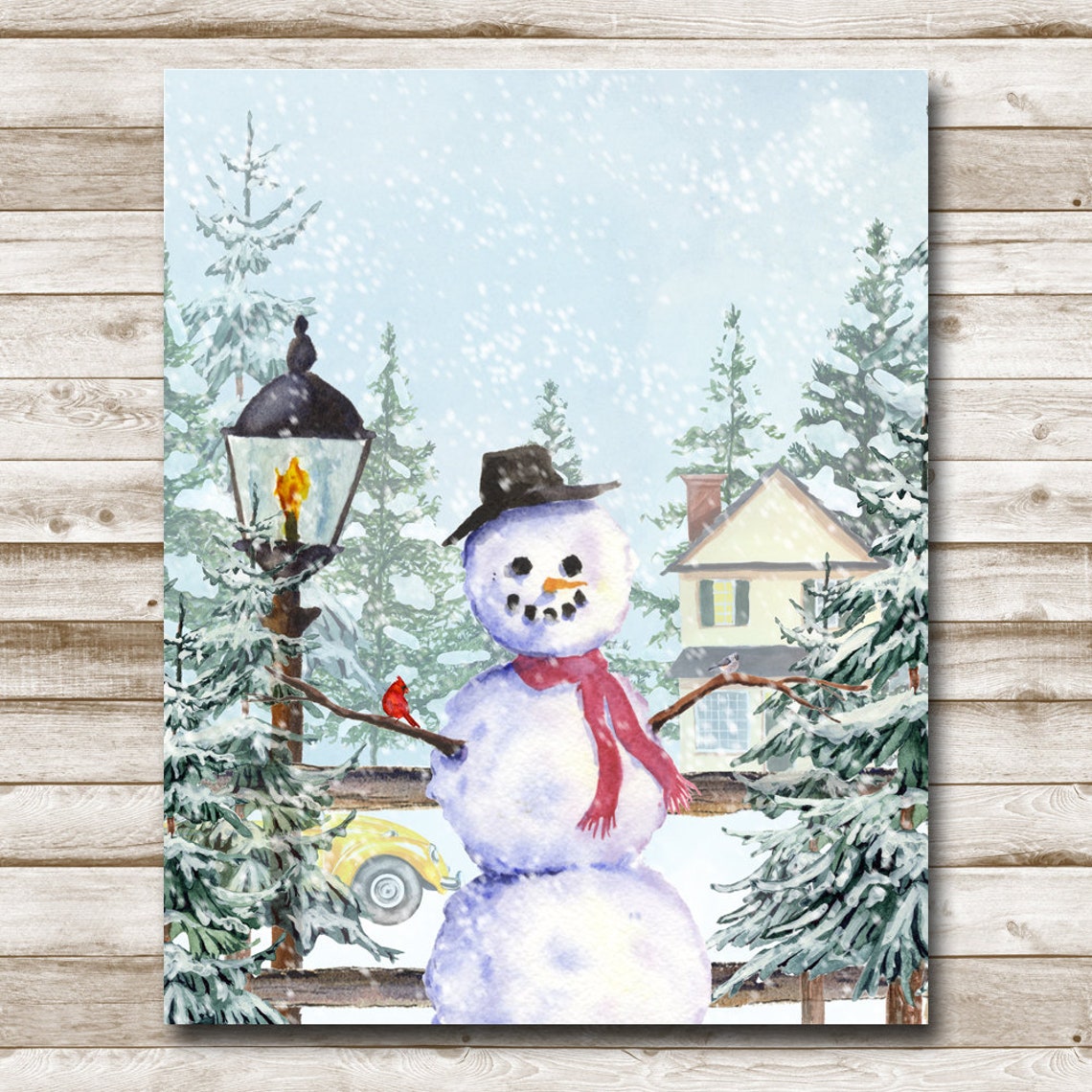 Snowman Top Hat Red Scarf Lamp Post Cardinal Winter Watercolor Poster - Image 4