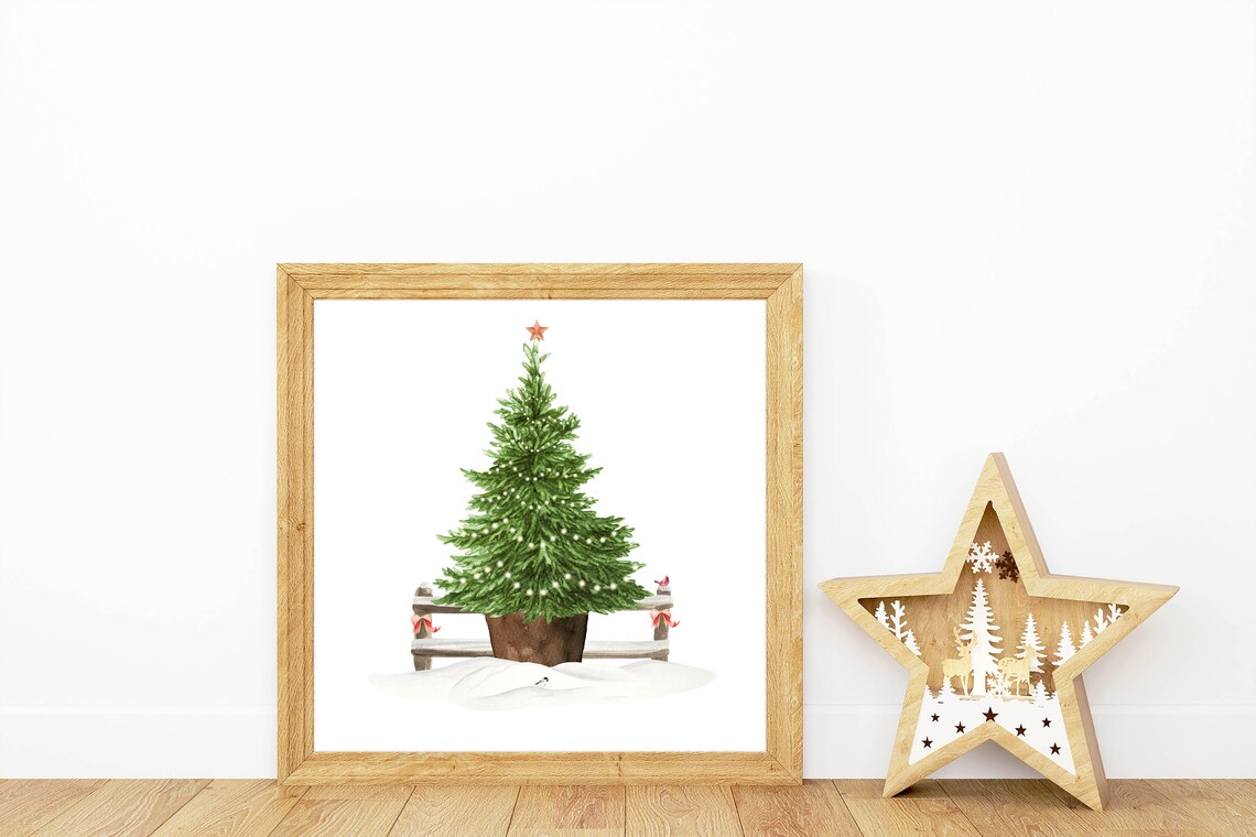Potted Christmas Tree Snowy Fence Minimalist Holiday Watercolor Poster - Image 3