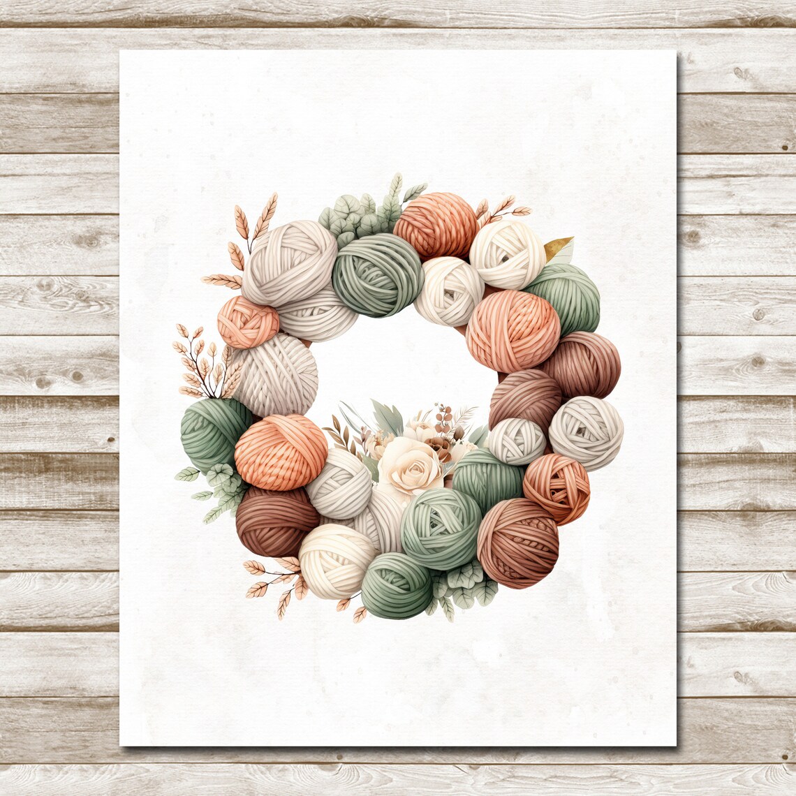 Pastel Yarn Ball Wreath Watercolor Knitting Craft Room Wall Art - Image 3