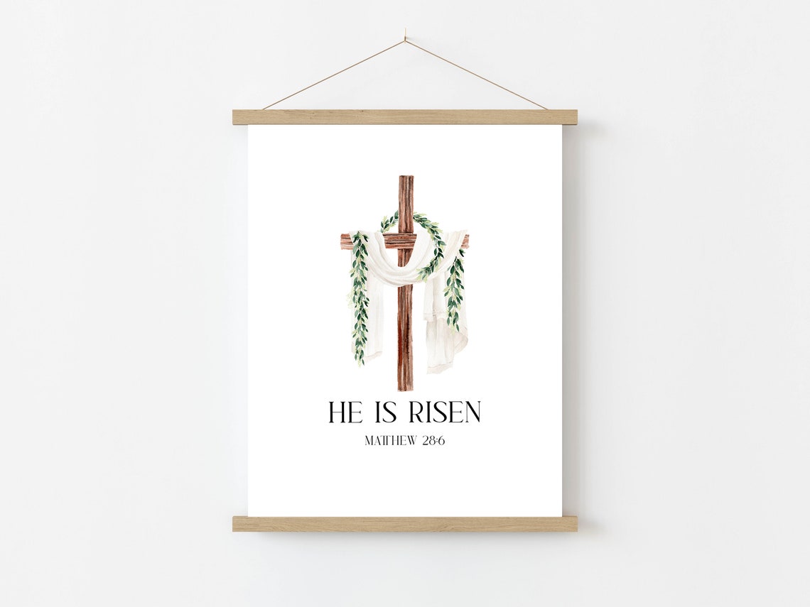 He Is Risen Matthew 28:6 Wooden Cross Easter Watercolor Poster - Image 3