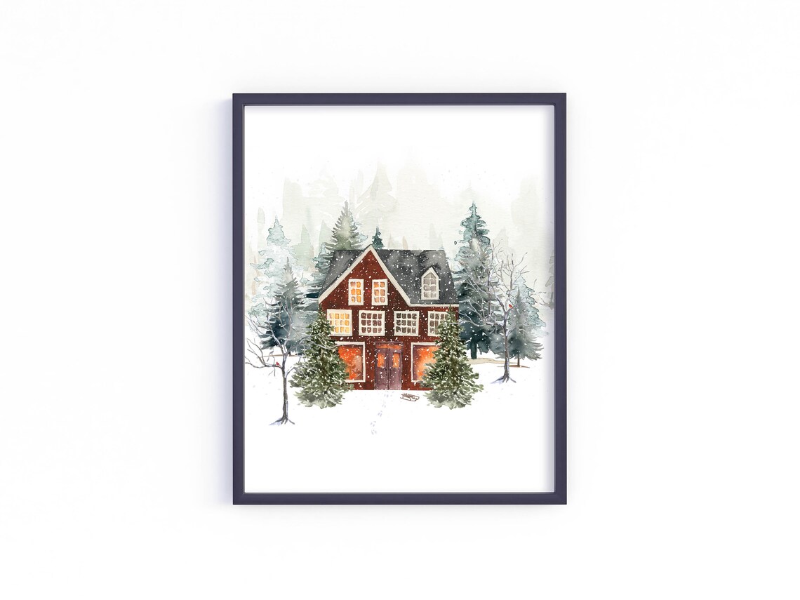 Red Winter House Glowing Windows Watercolor Snowy Christmas Scene Poster - Image 3