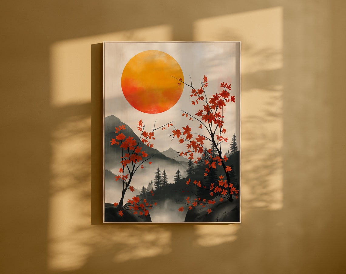 Red Maple Branches Under a Rising Sun Japanese Style Wall Print