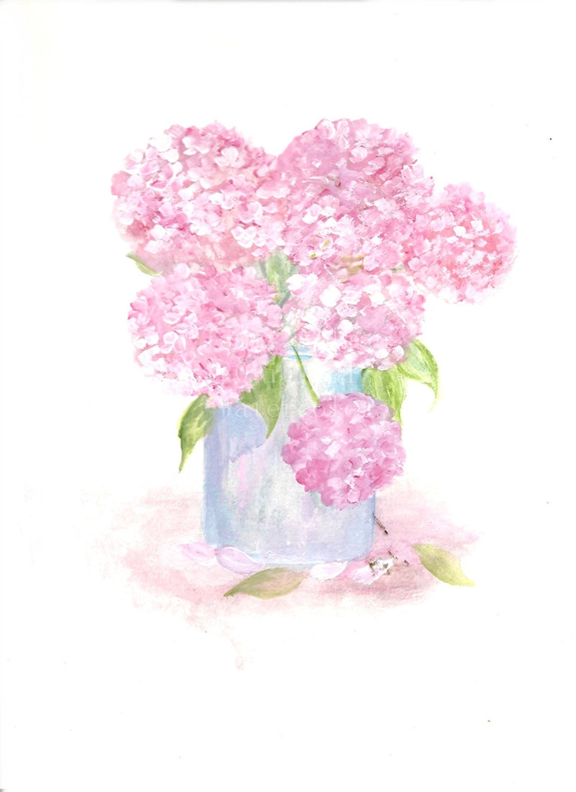 Pink Hydrangea Bouquet in Blue Glass Vase Watercolor Art Poster