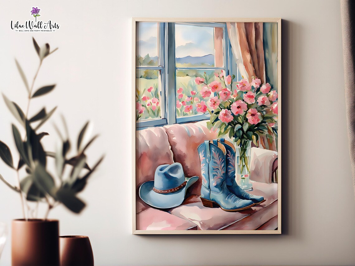 Blue Cowgirl Boots And Hat Watercolor Country Western Floral Poster