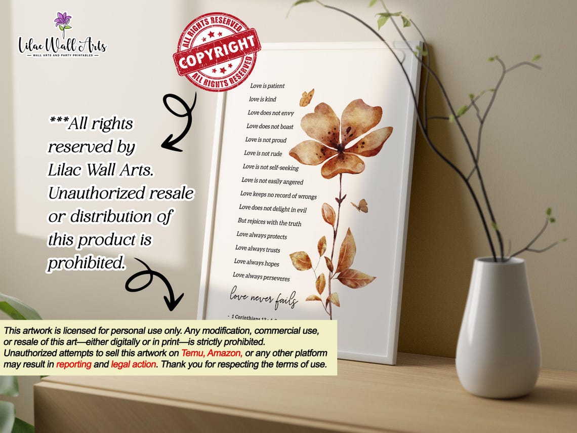 1 Corinthians 1348 Love Never Fails Brown Flower Verse Poster - Image 3