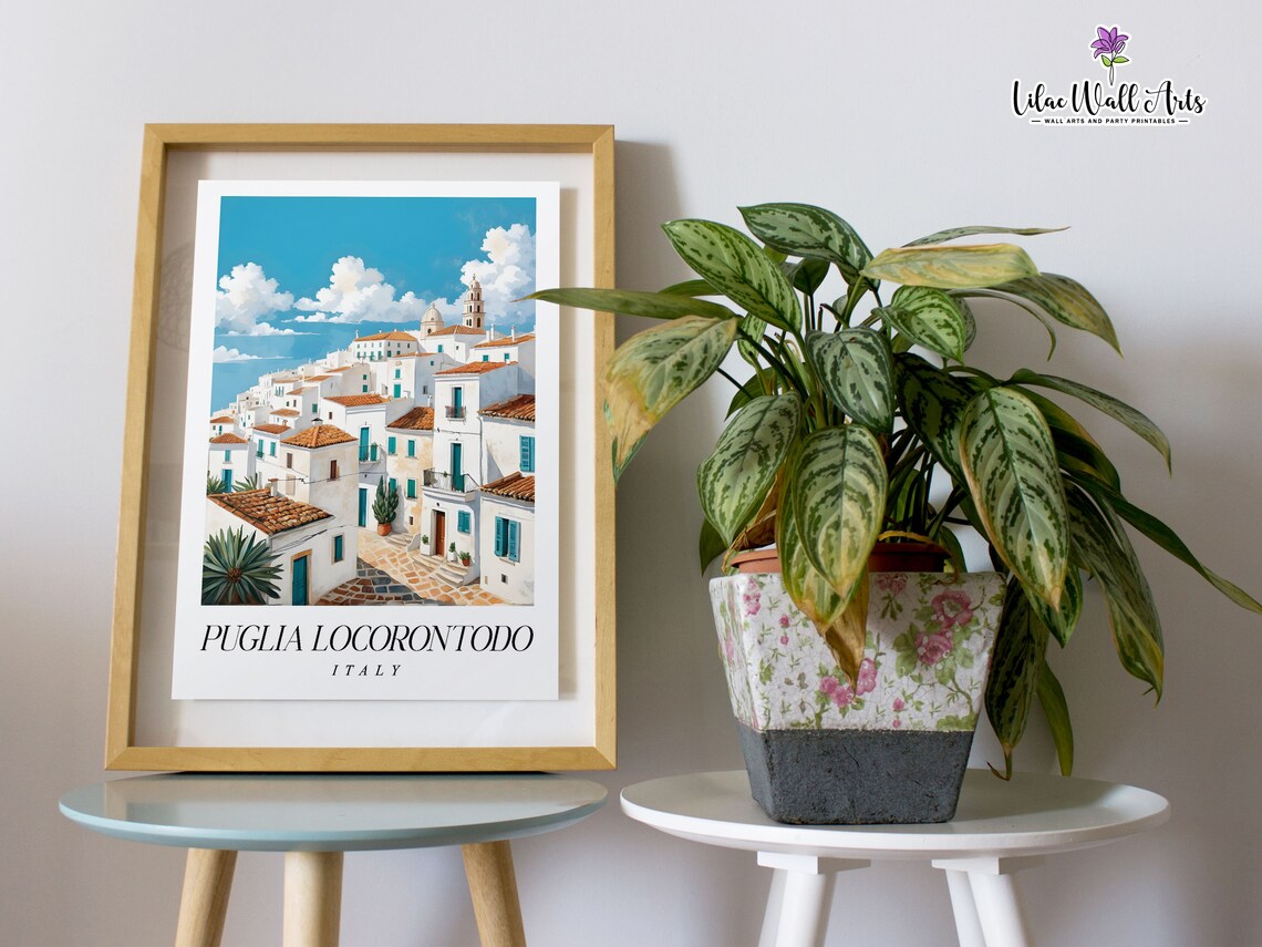 Puglia Locorontodo Italy Watercolor Travel Poster Whitewashed Town Art - Image 6