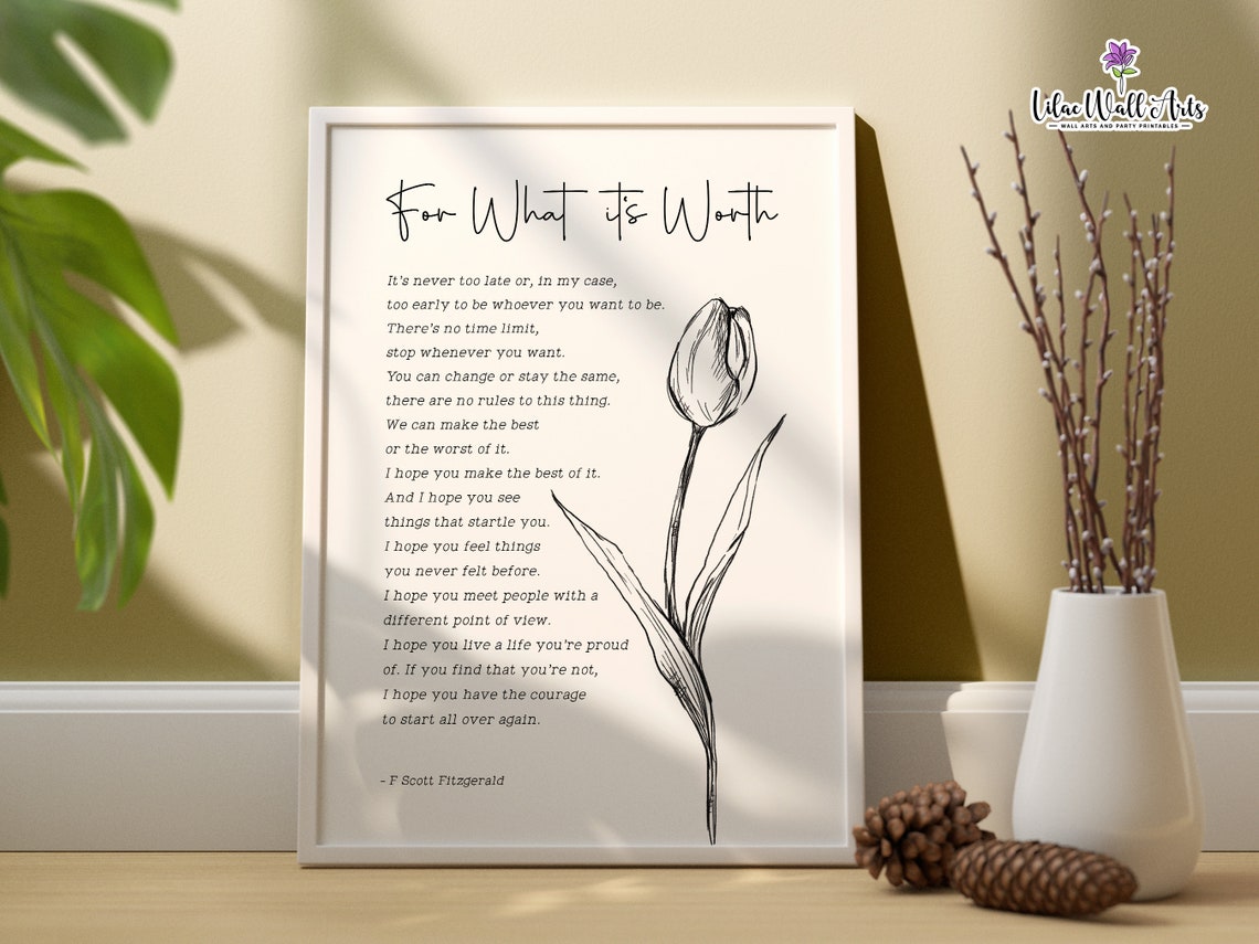 For What It's Worth F Scott Fitzgerald Tulip Quote Typography Print - Image 6
