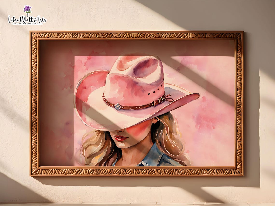 Pink Cowgirl Watercolor Portrait Western Boho Hat Girl Poster - Image 3