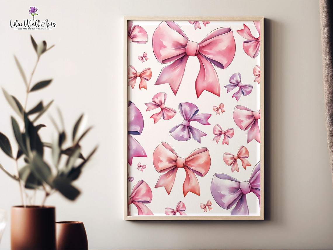 Pink Bows Watercolor Pattern Poster Coquette Ribbon Girls Room Decor - Image 6