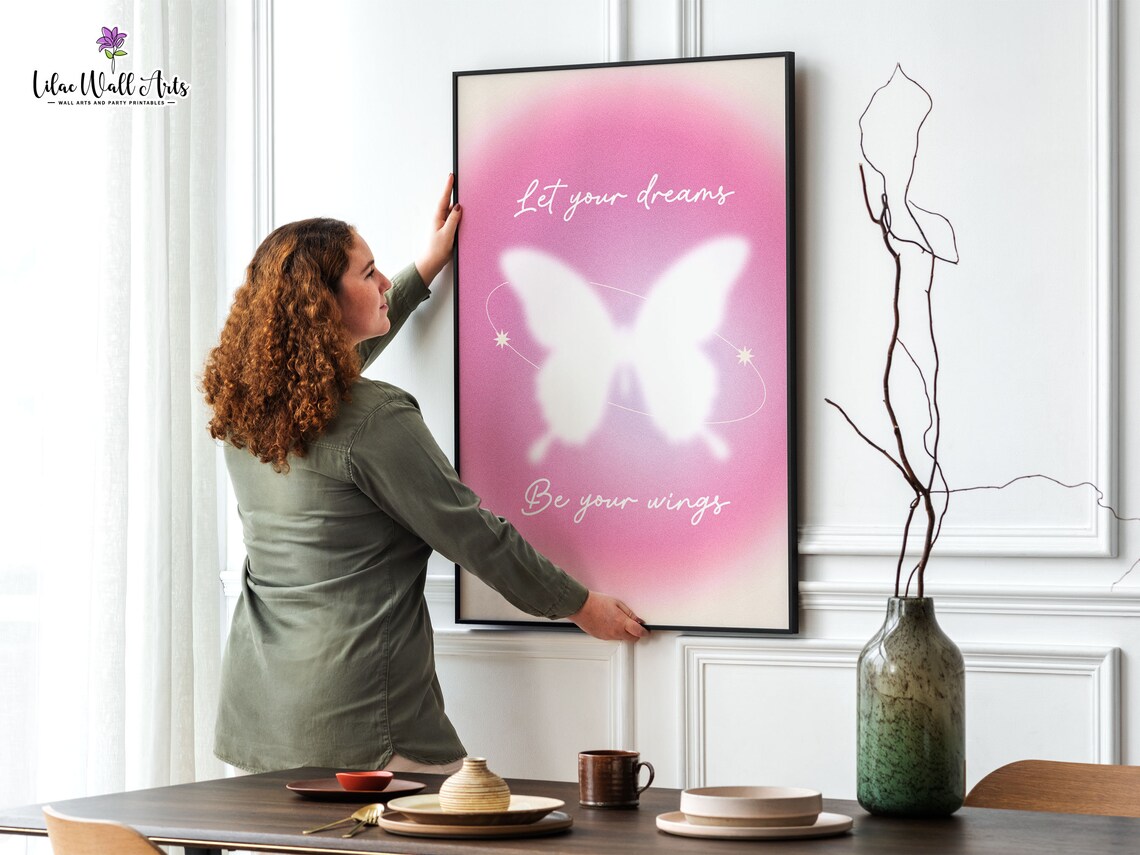Let Your Dreams Be Your Wings Pink Aura Butterfly Quote Wall Art - Image 3