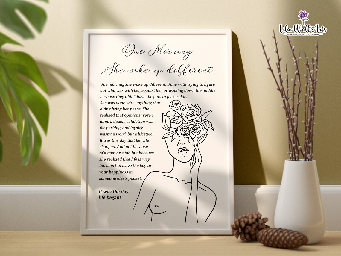 One Morning She Woke Up Different Floral Woman Line Art Quote Poster - Image 6