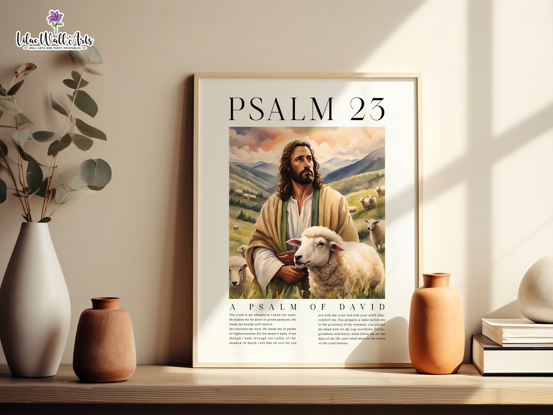 Psalm 23 Jesus With Lamb Pastoral Bible Verse Christian Art Poster