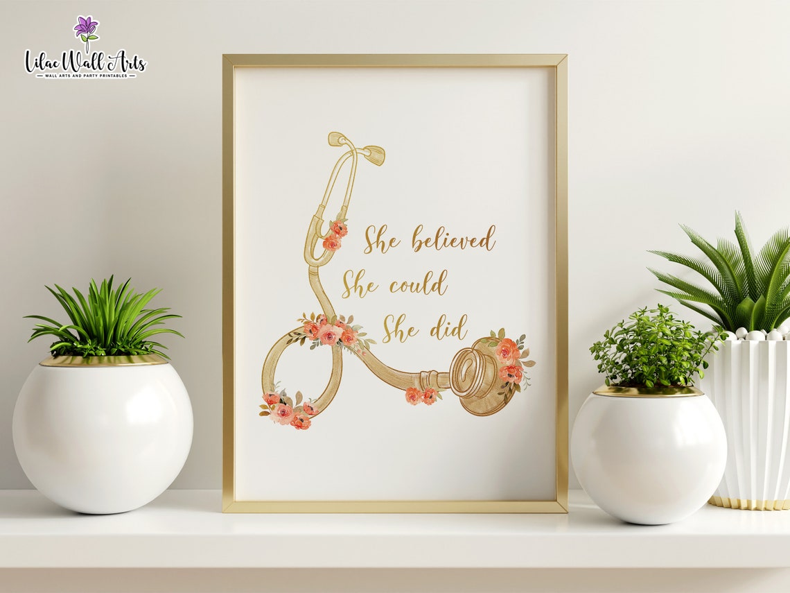 She Believed She Could So She Did Gold Stethoscope Nurse Gift Poster - Image 2