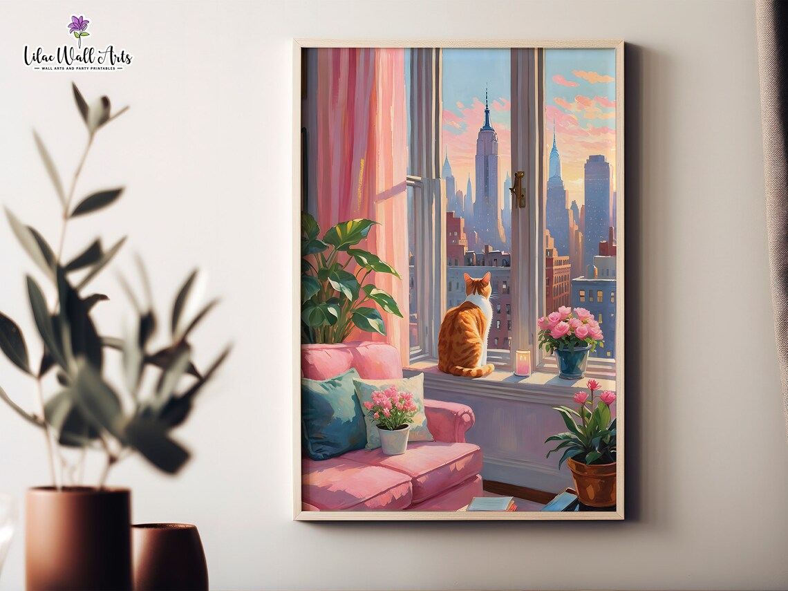 Orange Cat Window City Skyline Sunset Cozy Apartment Art Poster - Image 6