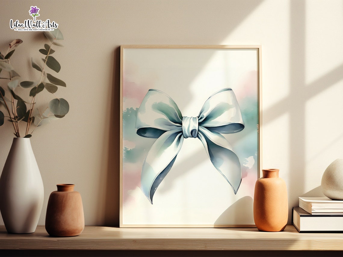 Blue Satin Bow Watercolor Poster Coquette Ribbon Nursery Wall Decor - Image 6